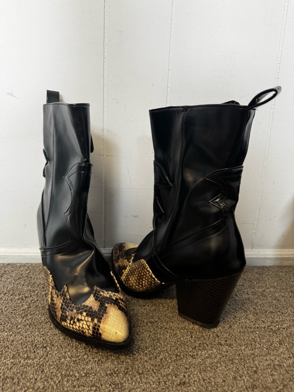 Black Heeled Western Boots with Snake-Print Toe
